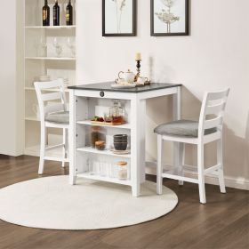 36" Modern Dining Table Set for 2 with Charging Station & 3-Tier Adjustable Storage | Space-Saving Kitchen Set with Upholstered Chairs for Small Space