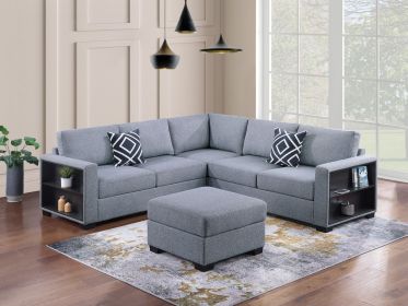 Contemporary Functional Sectional Sofa 4pc Set Gray Boucle Couch Loveseat w Built-in Shelfs Wedge, Ottoman Living Room Furniture L-Shaped Design Couch