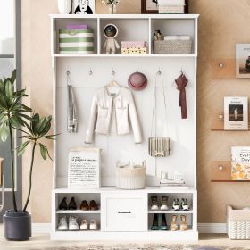 U-Can 57'' Hall Tree with 6 Hooks, Coat Hanger, Entryway Bench, 3-in-1 Design, A Spacious Drawer for Entrance, Living Room