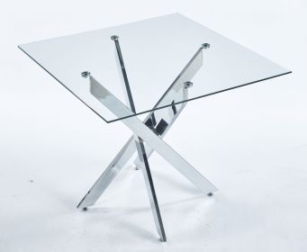 Dining Table with cross metal leg and tempered glass,Modern Space Saving Kitchen Table for Living Room,chrome legsSquare table,90x90x75cm