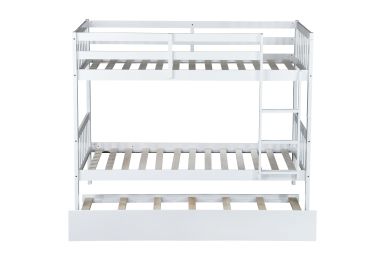 Twin Over Twin Rubber Wood Bunk Bed with Trundle, Convertible into Twin Size Beds, Twin Size Bunk Bed with Ladder and Safety Guardrails, White