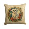 Maltese Christmas Flowers Throw Pillow Machine Washable, Indoor Outdoor Decorative Pillow for Couch, Bed or Patio, 18Hx18W