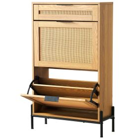 VEVOR Rattan Shoe Cabinet, Narrow Shoe Storage Organizer with 2 Flip Rattan Drawers & 1 Slide Drawer, Metal Legs