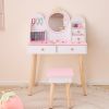 White and pink crown element, MDF + particleboard + solid wood legs, painted and melamine laminated, 4-drawer children's dressing table set
