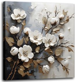 Bathroom Wall Art Decor White Flower Canvas Wall Art for Living Room Golden Leaf Painting Prints Floral Picture Wall Decor Artwork Framed for Bedroom