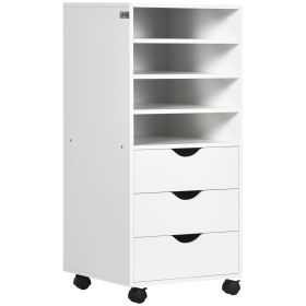 Vertical Filing Cabinet, Mobile File Cabinet on Wheels with 3 Drawers and 4 Open Shelves, Printer Stand with Lockable Casters for Home Office, White