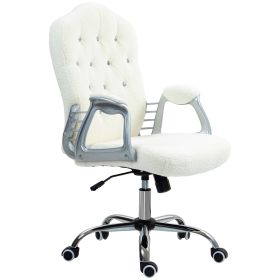 Teddy Fleece Computer Chair, Button Tufted Desk Chair with Swivel Wheels, Adjustable Height White