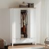 HOMCOM 3 Doors Wardrobe Closet with 2 Drawers, Bedroom Armoire with Lockable Drawer, Hanging Rod and Storage Shelves, White