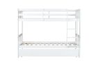 Twin Over Twin Rubber Wood Bunk Bed with Trundle, Convertible into Twin Size Beds, Twin Size Bunk Bed with Ladder and Safety Guardrails, White