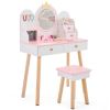 White and pink crown element, MDF + particleboard + solid wood legs, painted and melamine laminated, 4-drawer children's dressing table set