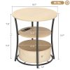 HOMCOM Round Side Table with Charging Station, 3-Tier End Table with Fabric Storage Bag and Shelf, Natural Wood