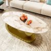 Modern Oval Coffee Table for Living Room, Marble Pattern Sintered Stone Coffee Tabletop with Gold Stainless Steel Base in 47.2"