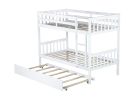 Twin Over Twin Rubber Wood Bunk Bed with Trundle, Convertible into Twin Size Beds, Twin Size Bunk Bed with Ladder and Safety Guardrails, White