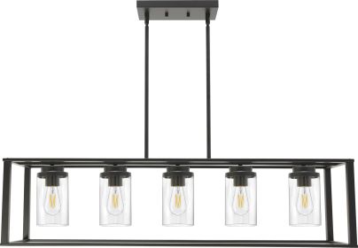 Lighting 5-Light Dining Room Light Modern Pendant Lighting for Kitchen Island with Clear Glass Shade Linear Cage Chandelier Hanging Ceiling Light (Color: Black)