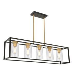 Lighting 5-Light Dining Room Light Modern Pendant Lighting for Kitchen Island with Clear Glass Shade Linear Cage Chandelier Hanging Ceiling Light (Color: Black and Brushed Brass)