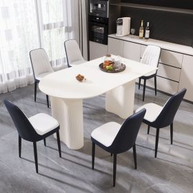 63 "medieval modern cream style MDF dining table and PU dining chair set 4. Assemble Desktop and black metal leg dining chair set (Color: White+White+Blue+6IN1)