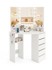 Corner Vanity Desk with 3-Color LED Lighted Mirror and Power Outlet (Color: White)