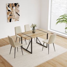 55" MDF Wood Colour Dining Table and Modern Dining Chair Set of 4, Mid Century Wooden Kitchen Table Set, Metal Base & Legs (Color: Beige linen+wood color)