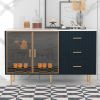 Modern Sideboard MDF Buffet Cabinet Marble Sticker Tabletop and Amber-yellow Tempered Glass Doors with Gold Metal Legs & Handles